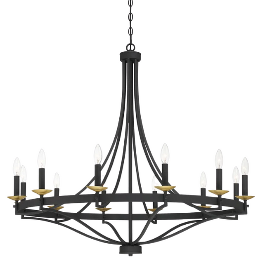 40-inch wagon wheel chandelier in aged zinc and satin brass finish with 12 candle-style lights, ideal for high ceilings in traditional or modern interiors

