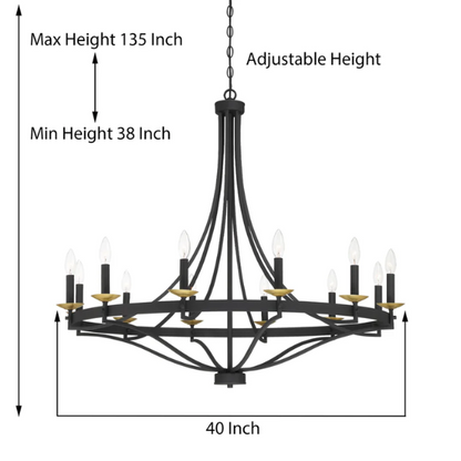 40-inch wagon wheel chandelier in aged zinc and satin brass finish with 12 candle-style lights, ideal for high ceilings in traditional or modern interiors

