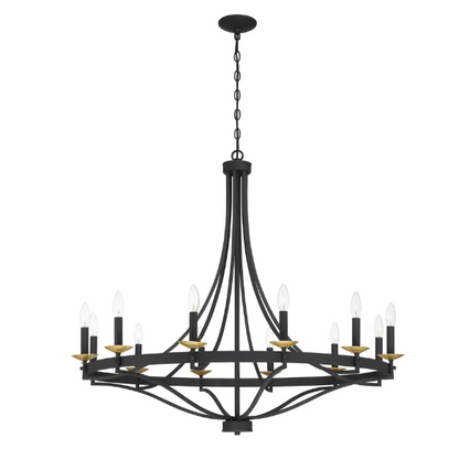 40-inch wagon wheel chandelier in aged zinc and satin brass finish with 12 candle-style lights, ideal for high ceilings in traditional or modern interiors

