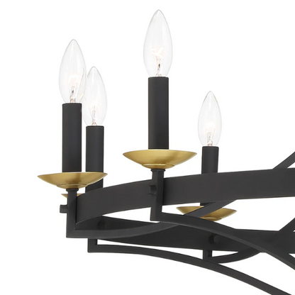 40-inch wagon wheel chandelier in aged zinc and satin brass finish with 12 candle-style lights, ideal for high ceilings in traditional or modern interiors

