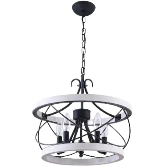 5-light rustic wood cage chandelier with weathered white birch finish, perfect for kitchen islands, dining rooms, and entryways


