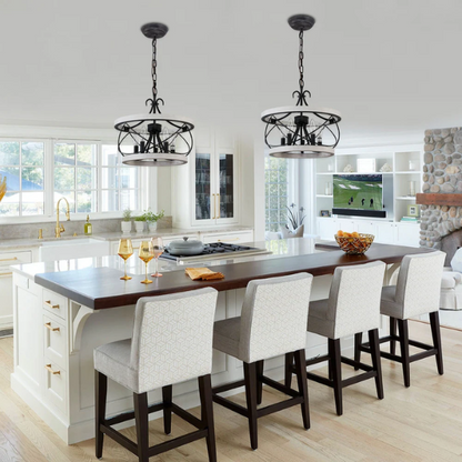 5-light rustic wood cage chandelier with weathered white birch finish, perfect for kitchen islands, dining rooms, and entryways

