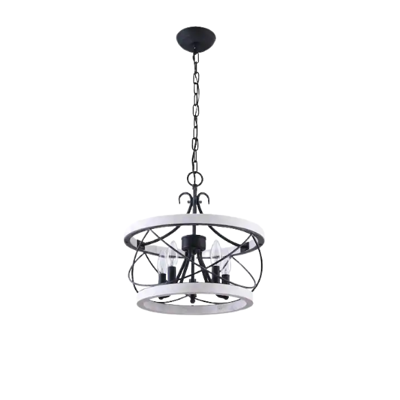 5-light rustic wood cage chandelier with weathered white birch finish, perfect for kitchen islands, dining rooms, and entryways

