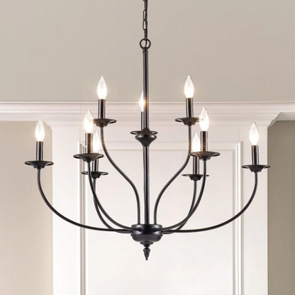 9-light candle-style chandelier with rustic metal finish and curved arms, perfect for farmhouse dining rooms or entryways

