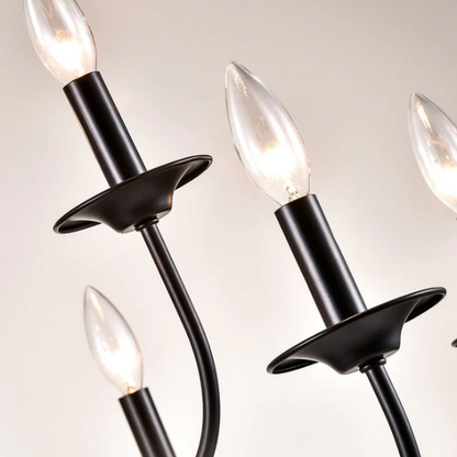 9-light candle-style chandelier with rustic metal finish and curved arms, perfect for farmhouse dining rooms or entryways

