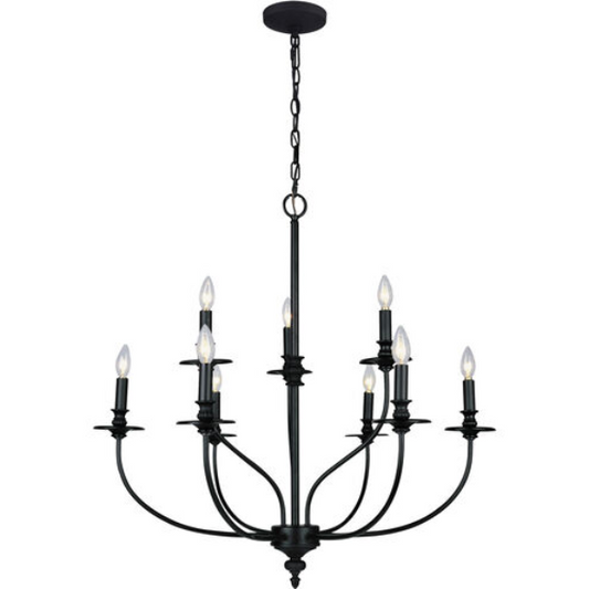 9-light candle-style chandelier with rustic metal finish and curved arms, perfect for farmhouse dining rooms or entryways

