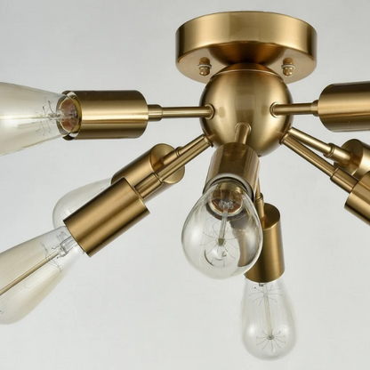 Antique brass 8-light Sputnik chandelier with exposed E26 bulbs and flush mount design, ideal for modern, mid-century, or Art Deco interiors

