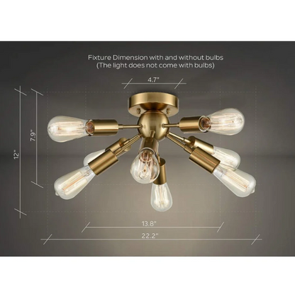 Antique brass 8-light Sputnik chandelier with exposed E26 bulbs and flush mount design, ideal for modern, mid-century, or Art Deco interiors

