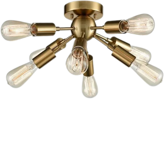 Antique brass 8-light Sputnik chandelier with exposed E26 bulbs and flush mount design, ideal for modern, mid-century, or Art Deco interiors

