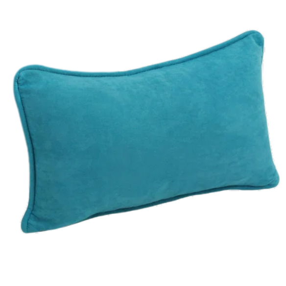 Set of 2 aqua microsuede lumbar throw pillows with piped edges on modern sofa

