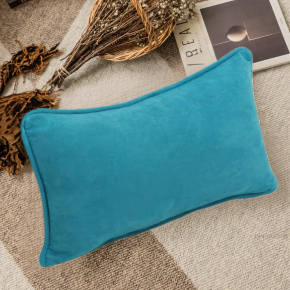 Set of 2 aqua microsuede lumbar throw pillows with piped edges on modern sofa

