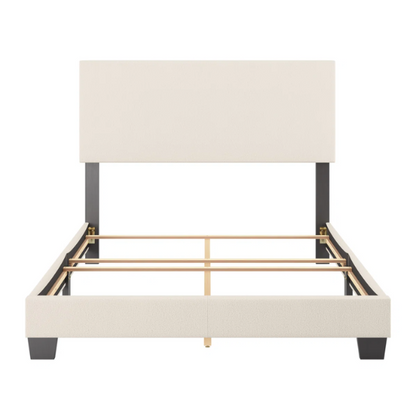 Beige full-size upholstered bed with a high rectangular bouclé headboard, cushioned frame, and clean modern lines, shown in a neutral-toned bedroom.

