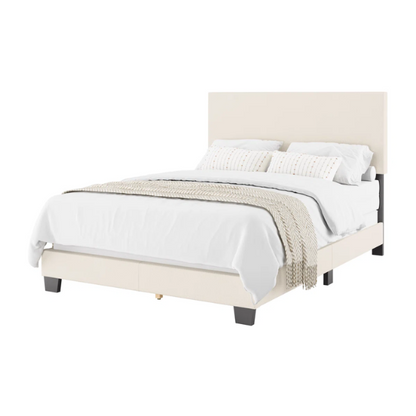 Beige full-size upholstered bed with a high rectangular bouclé headboard, cushioned frame, and clean modern lines, shown in a neutral-toned bedroom.


