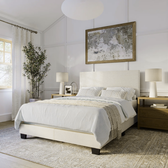 Beige full-size upholstered bed with a high rectangular bouclé headboard, cushioned frame, and clean modern lines, shown in a neutral-toned bedroom.

