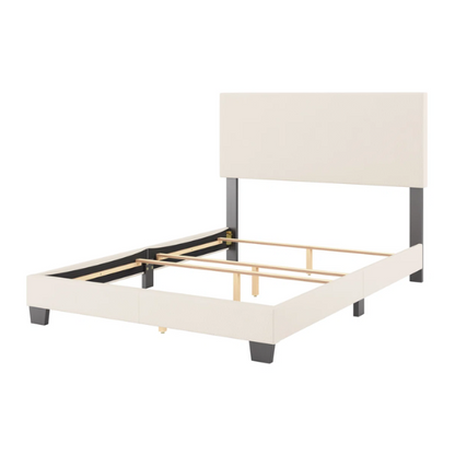 Beige full-size upholstered bed with a high rectangular bouclé headboard, cushioned frame, and clean modern lines, shown in a neutral-toned bedroom.

