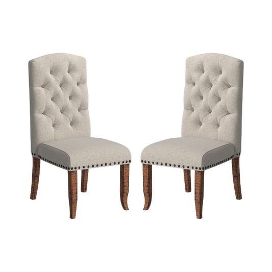 Set of 2 beige button-tufted farmhouse dining chairs with rustic wood legs, nailhead trim, and upholstered linen-like fabric.

