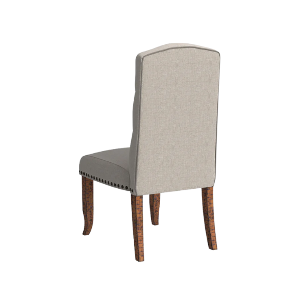 Set of 2 beige button-tufted farmhouse dining chairs with rustic wood legs, nailhead trim, and upholstered linen-like fabric.

