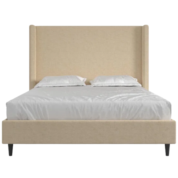 Beige canvas queen bed with tall wingback headboard and black conical legs, styled in a modern bedroom setting.

