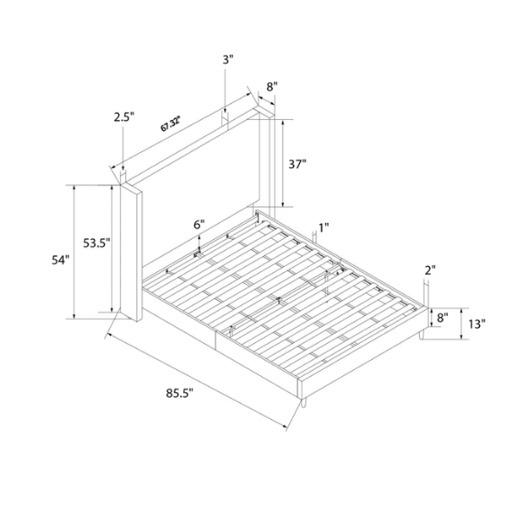 Beige canvas queen bed with tall wingback headboard and black conical legs, styled in a modern bedroom setting.

