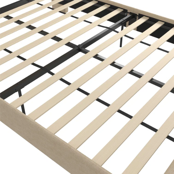 Beige canvas queen bed with tall wingback headboard and black conical legs, styled in a modern bedroom setting.

