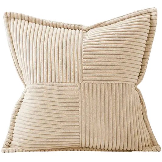 Beige corduroy pillow cover with geometric striped pattern, modern design, eco-friendly, and machine washable, 45x45 cm