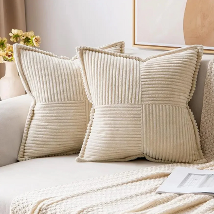 Beige corduroy pillow cover with geometric striped pattern, modern design, eco-friendly, and machine washable, 45x45 cm