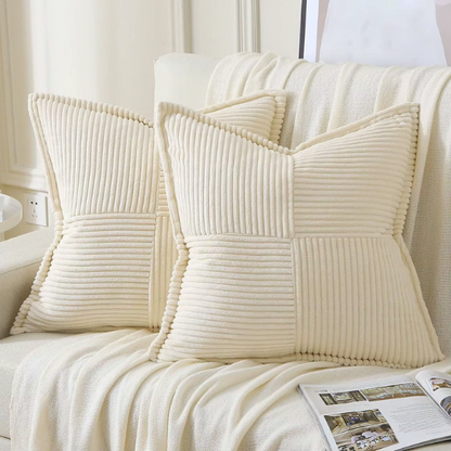 Beige corduroy pillow cover with geometric striped pattern, modern design, eco-friendly, and machine washable, 45x45 cm