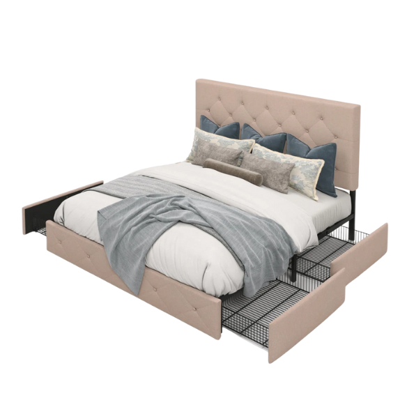 Beige upholstered queen bed with diamond-tufted headboard and four underbed storage drawers on wheels.

