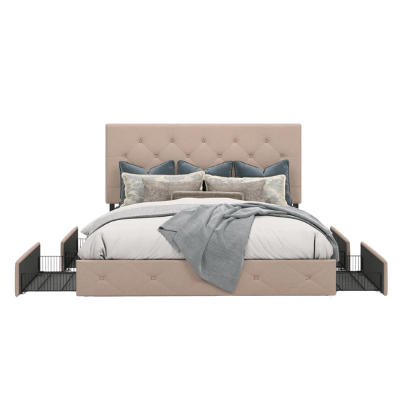 Beige upholstered queen bed with diamond-tufted headboard and four underbed storage drawers on wheels.

