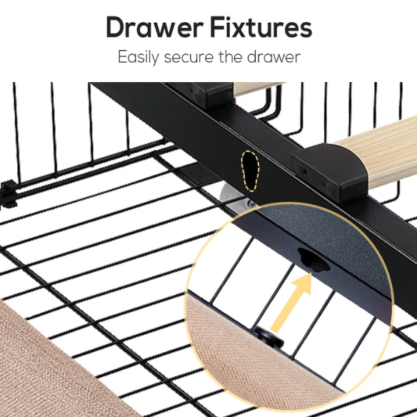 Beige upholstered queen bed with diamond-tufted headboard and four underbed storage drawers on wheels.

