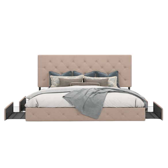 Beige upholstered queen bed with diamond-tufted headboard and four underbed storage drawers on wheels.