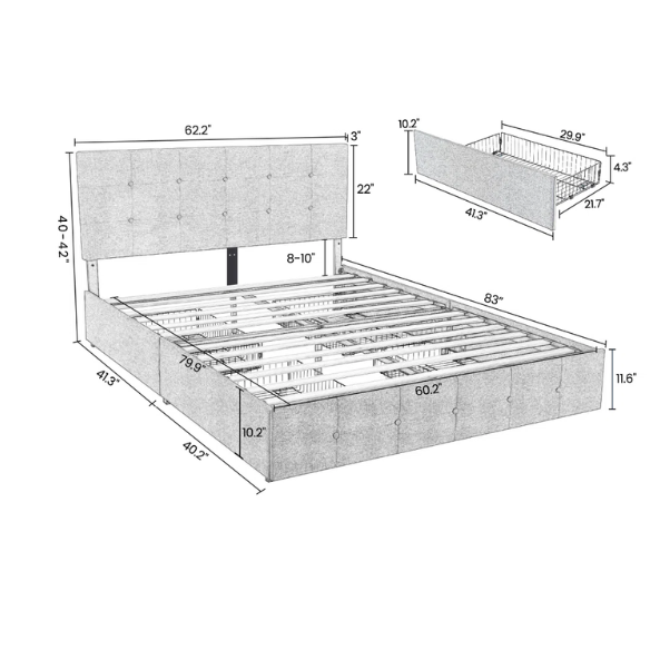 Beige upholstered queen bed with diamond-tufted headboard and four underbed storage drawers on wheels.

