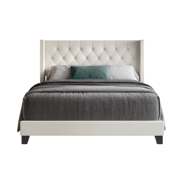 Beige full size upholstered platform bed with tufted wingback headboard, faux leather finish, and decorative nailhead trim on a solid wood frame.

