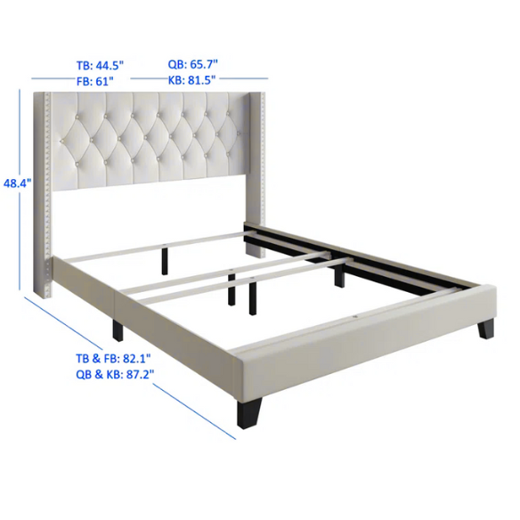 Beige full size upholstered platform bed with tufted wingback headboard, faux leather finish, and decorative nailhead trim on a solid wood frame.

