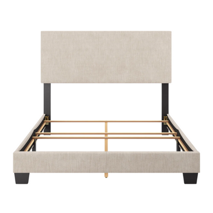 Full-size beige upholstered bed with smooth polyester fabric, a high rectangular foam-padded headboard, and minimalist wooden frame.

