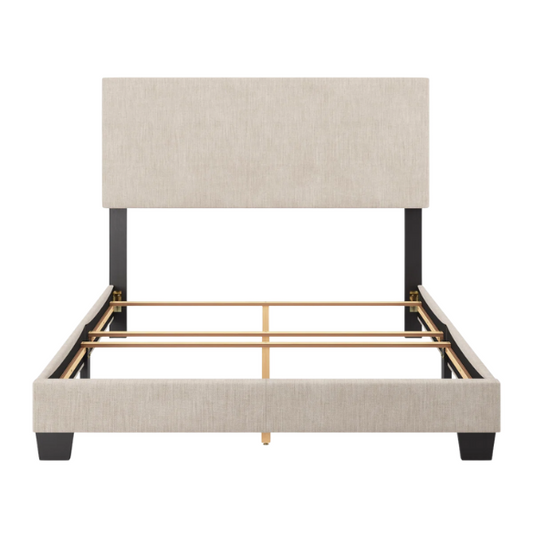 Full-size beige upholstered bed with smooth polyester fabric, a high rectangular foam-padded headboard, and minimalist wooden frame.

