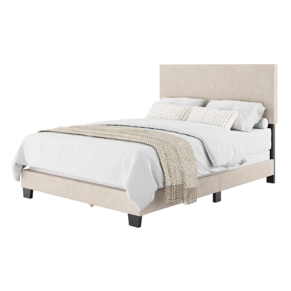 Full-size beige upholstered bed with smooth polyester fabric, a high rectangular foam-padded headboard, and minimalist wooden frame.

