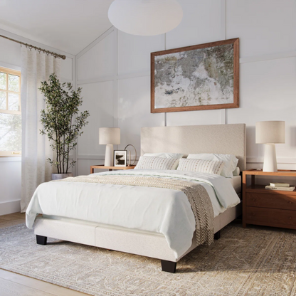 Full-size beige upholstered bed with smooth polyester fabric, a high rectangular foam-padded headboard, and minimalist wooden frame.

