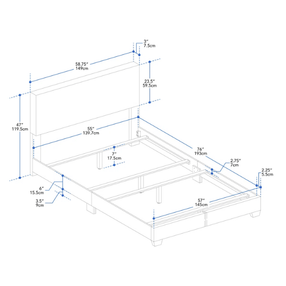 Full-size beige upholstered bed with smooth polyester fabric, a high rectangular foam-padded headboard, and minimalist wooden frame.

