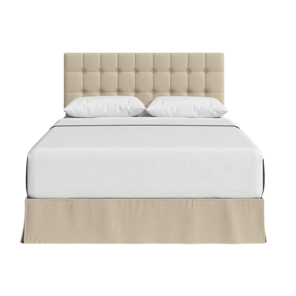Beige queen bed with tufted wingback headboard, upholstered in soft polyester fabric with nailhead trim.

