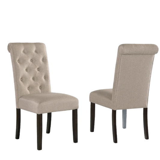 Set of 2 beige tufted high-back dining chairs with espresso wood legs and soft polyester upholstery—perfect for classic or transitional dining spaces.

