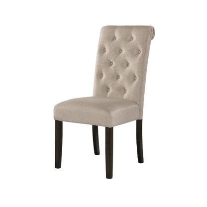 Set of 2 beige tufted high-back dining chairs with espresso wood legs and soft polyester upholstery—perfect for classic or transitional dining spaces.

