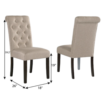 Set of 2 beige tufted high-back dining chairs with espresso wood legs and soft polyester upholstery—perfect for classic or transitional dining spaces.

