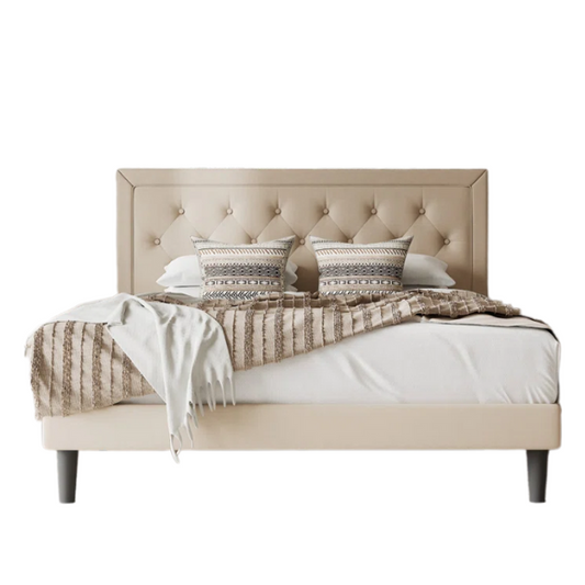 Beige queen-size upholstered bed with linen fabric, button-tufted adjustable headboard, steel frame, and 8-inch underbed clearance.

