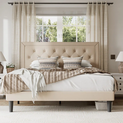 Beige queen-size upholstered bed with linen fabric, button-tufted adjustable headboard, steel frame, and 8-inch underbed clearance.

