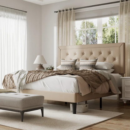 Beige queen-size upholstered bed with linen fabric, button-tufted adjustable headboard, steel frame, and 8-inch underbed clearance.

