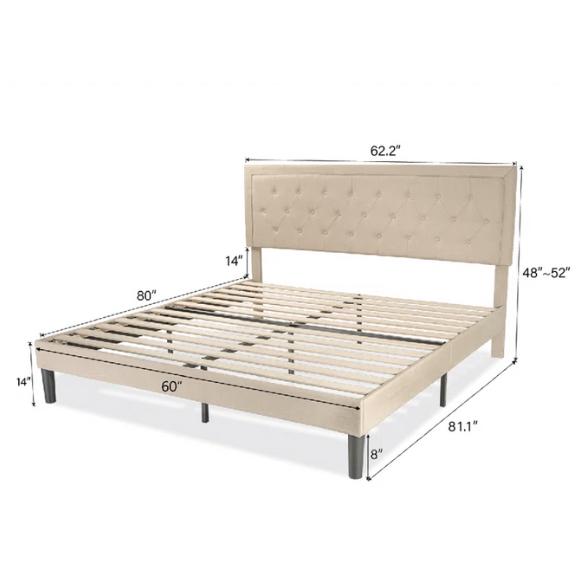 Beige queen-size upholstered bed with linen fabric, button-tufted adjustable headboard, steel frame, and 8-inch underbed clearance.


