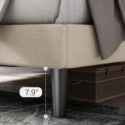Beige queen-size upholstered bed with linen fabric, button-tufted adjustable headboard, steel frame, and 8-inch underbed clearance.

