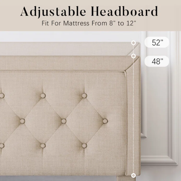 Beige queen-size upholstered bed with linen fabric, button-tufted adjustable headboard, steel frame, and 8-inch underbed clearance.

