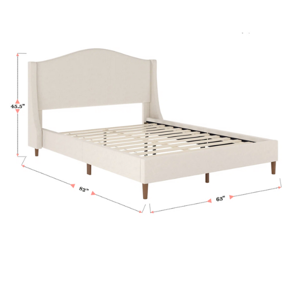 Full-size beige upholstered platform bed with curved wingback headboard, cushioned side rails, and tapered wooden legs, shown in a modern bedroom setting.

